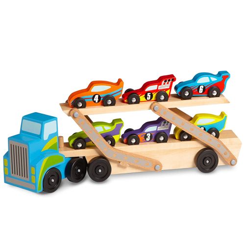 MELISSA & DOUG - WOODEN MEGA RACE CAR CARRIER, 6 CARS