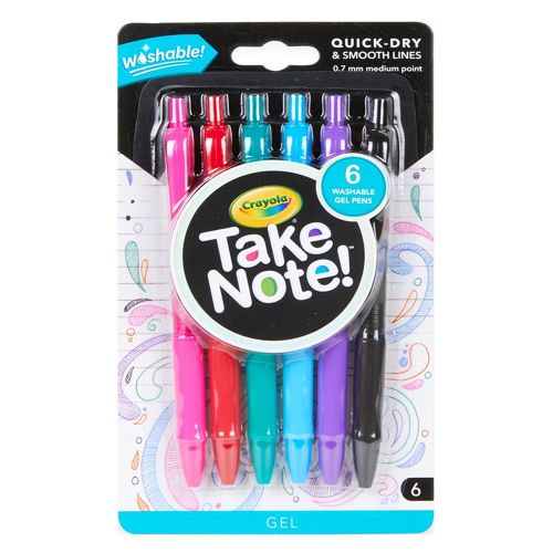 CRAYOLA - TAKE NOTE WASHABLE GEL PENS, 6 COUNT