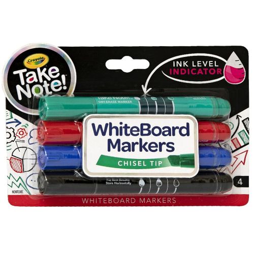 CRAYOLA - TAKE NOTE BROAD LINE DRY-ERASE MARKERS, 4 COUNT