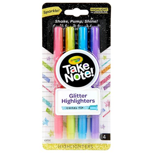 CRAYOLA - TAKE NOTE GLITTER HIGHLIGHTERS CHISEL TIP, 4 COUNT