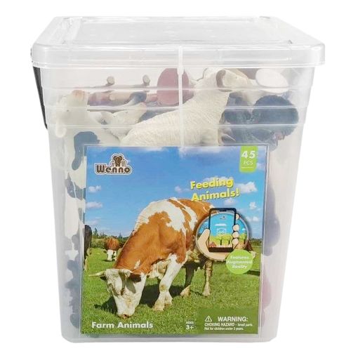 WENNO - FARM ANIMALS PLAYSET IN SQUARE BUCKET, 45 PIECES