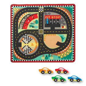 MELISSA & DOUG - ROUND THE SPEEDWAY RACE TRACK RUG, 4 WOODEN CARS