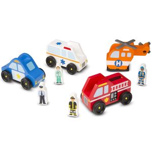 MELISSA & DOUG - WOODEN EMERGENCY VEHICLE SET, 4 FIGURES